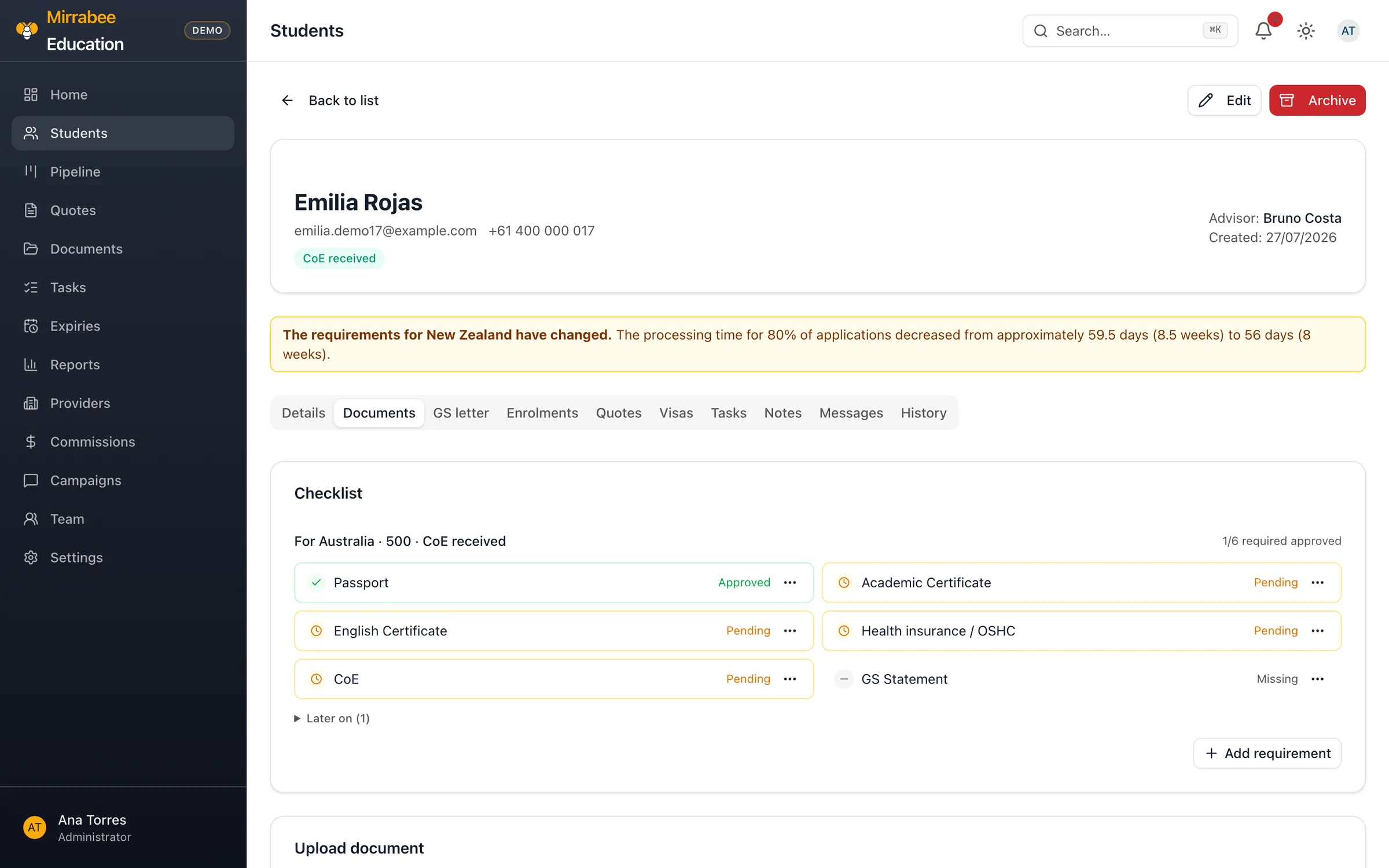 Screenshot: The right documents for each destination